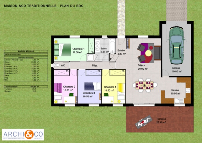 Maison individuelle de plain pied traditionnelle : plan rdc trad