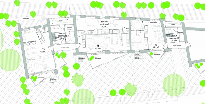 3 logements imbriqus, T2, T3 et T4 - Ecoquartier : Plan RdC