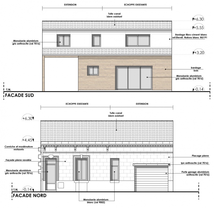 Rhabilitation, extension et surlvation d'une choppe : facade